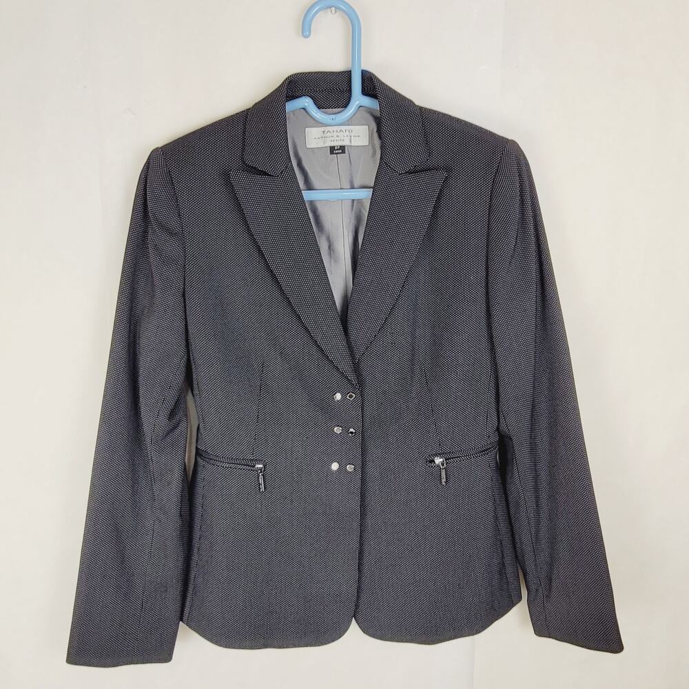 Tahari ASL black micro dot snap button blazer Size 2P Old Money Officecore